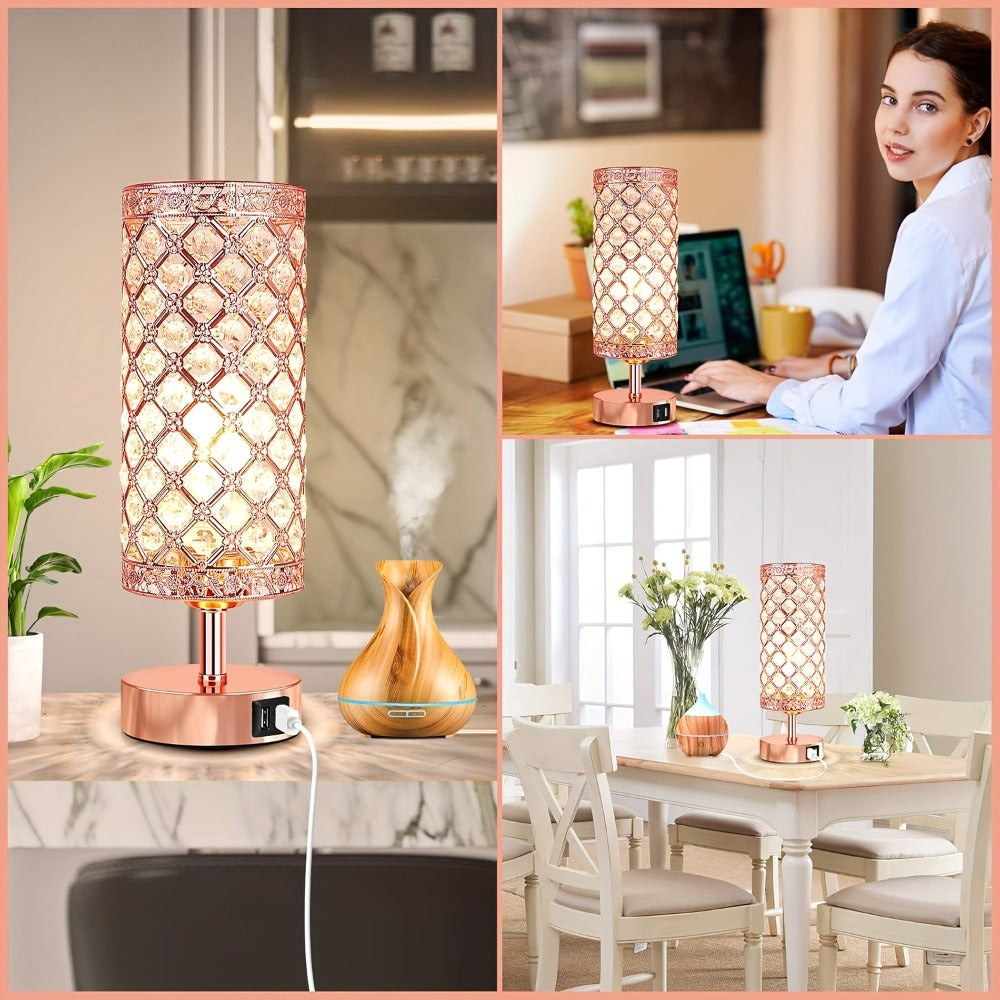 Crystal Bedside Table Lamp with Touch Control & 2 USB Charging Ports, 3-Way Dimmable Nightstand Lamp with Decorative Crystal Base, LED Bulb Included, for Bedroom Living Room Office