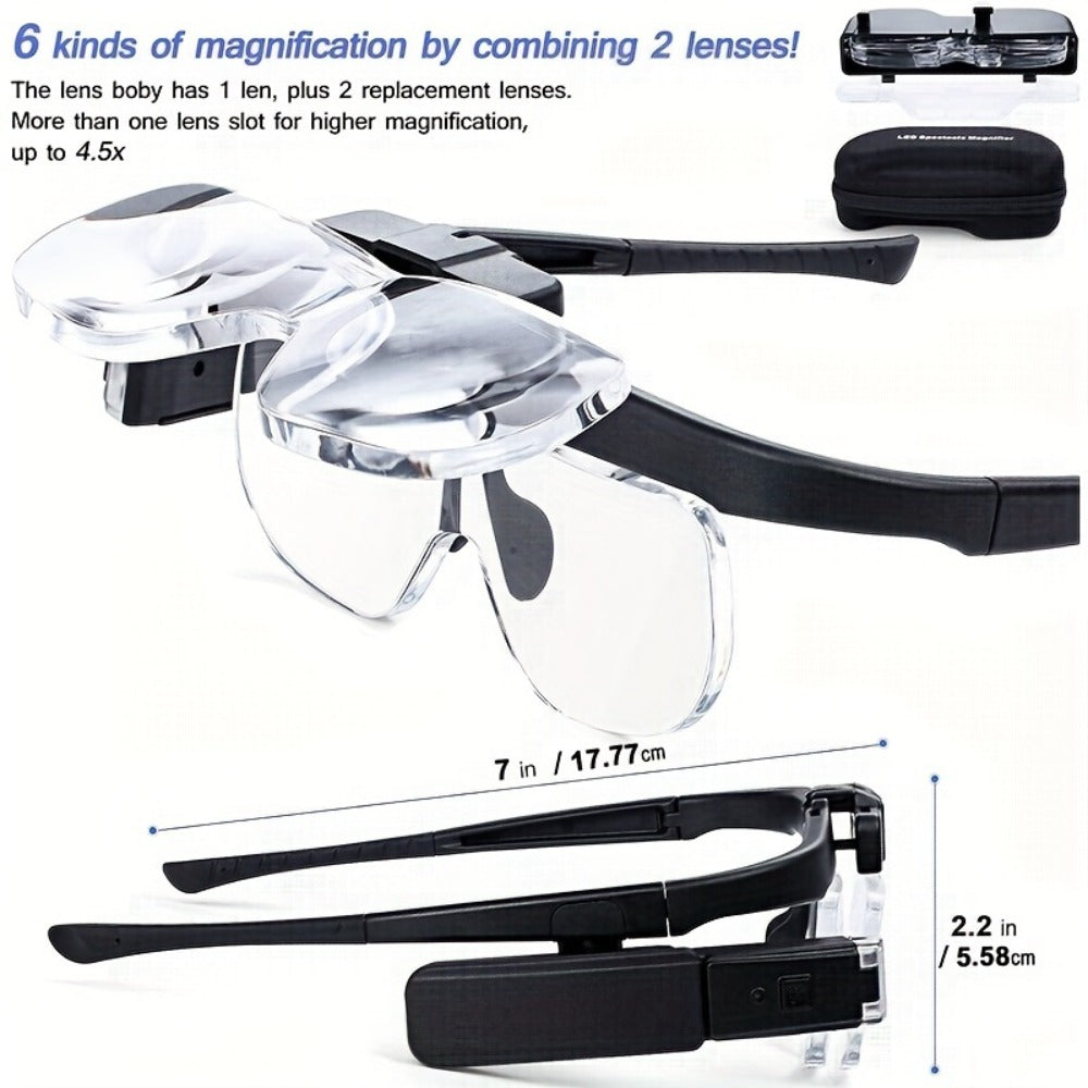 Headband Magnifier with LED Light Hands Free Illuminated Head Magnifying Glass Up to 4.5X Dual Lens Slots for Reading Jewelry Making Watch Repair Soldering Close Up Work