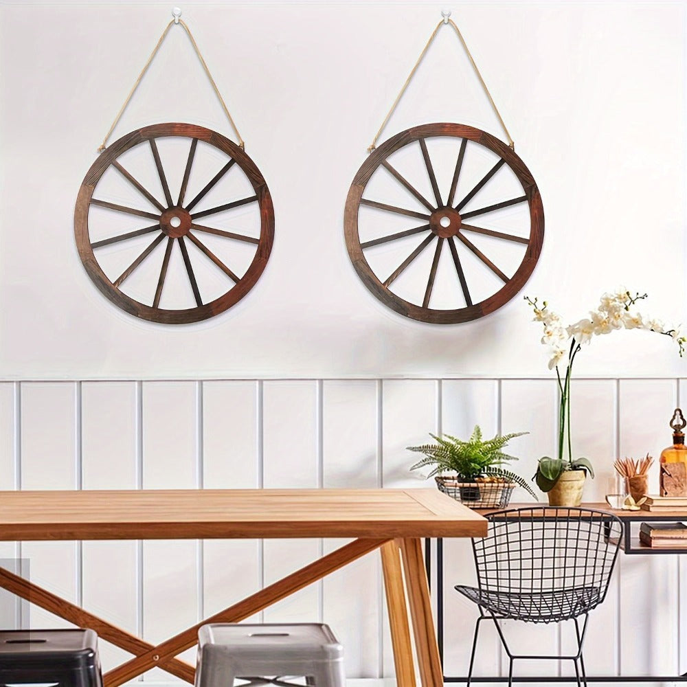 Wooden Carriage Wheel Wall Decor 2pcs - Rustic Western Farmhouse Wood Wagon Wheel Hanging Plaque for Home, Office, Garage, Bar & Country Party, Natural Grain Texture, Indoor Wall Art