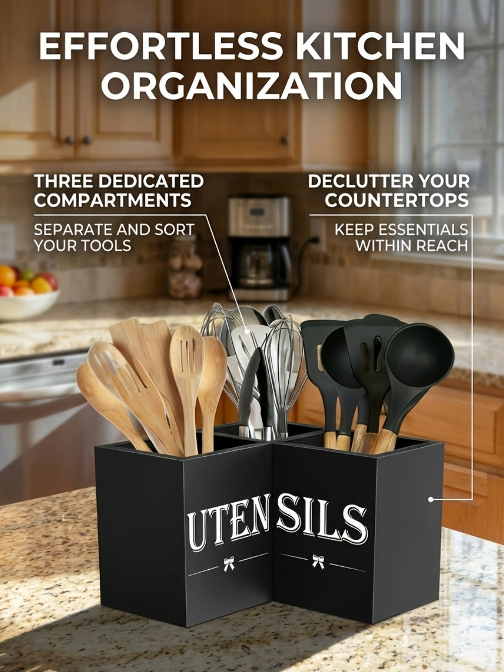 Kitchen Utensil Holder with 3 Compartments Extra Large Wooden Countertop Organizer | Farmhouse Black Kitchen Storage for Spatulas Whisks Spoons | Rustic Wood Utensil Caddy for Kitchen Organization