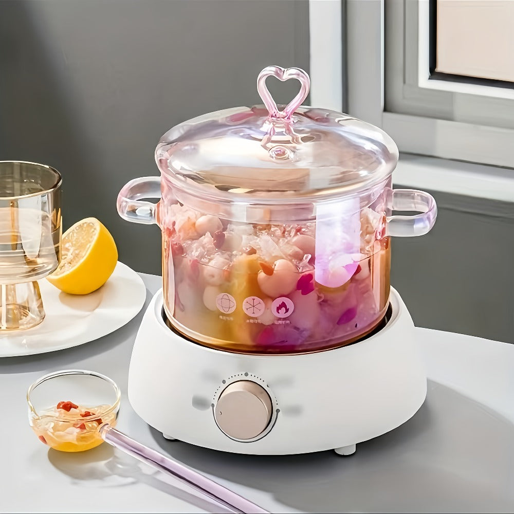 Pink Glass Cooking Pot with Heart-Shaped Lid 1500ml - Multifunctional Boiling Stewing Pot for Pasta Soup Congee Noodles Compatible with Electric Ceramic Stove (Pink)