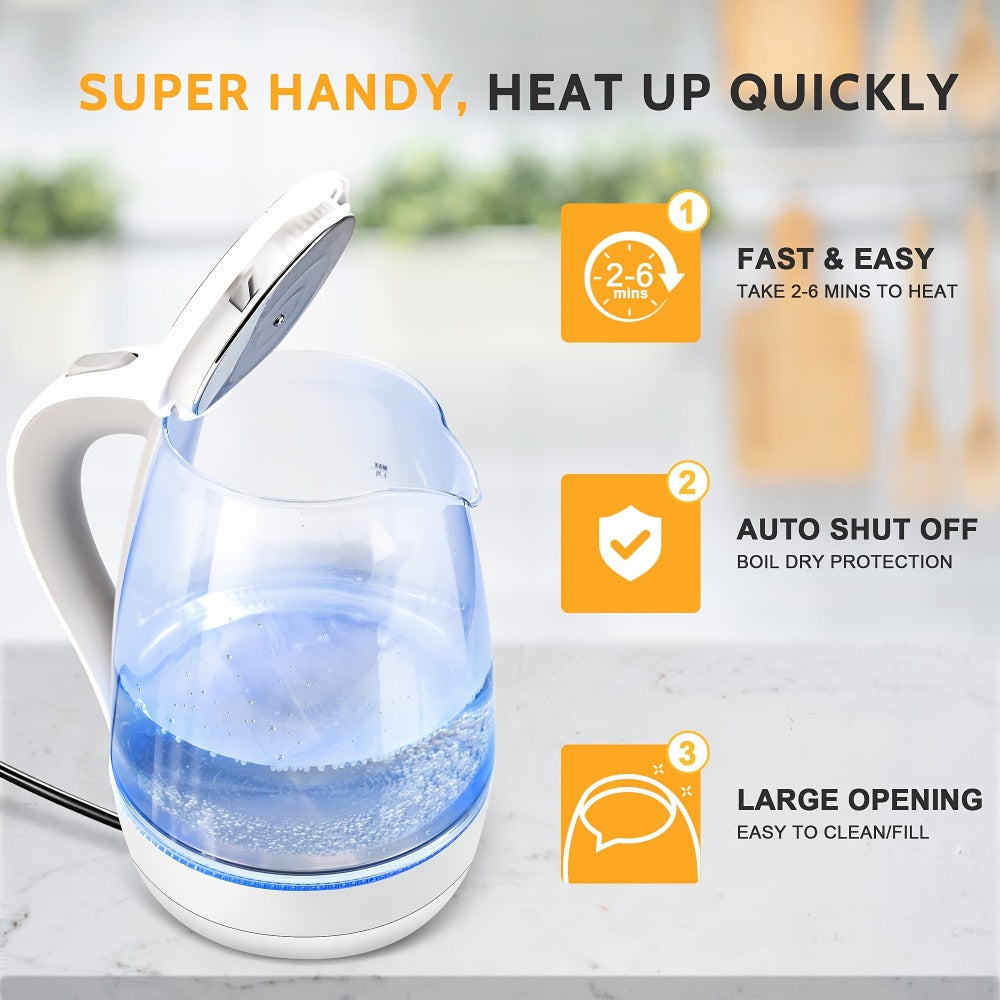 Glass Electric Kettle 1200W Fast Boiling ¨C 57.48oz Tea Kettle with LED Indicator, Auto Shut-Off & Boil-Dry Protection, Elegant Transparent Design for Kitchen, Office & Camping