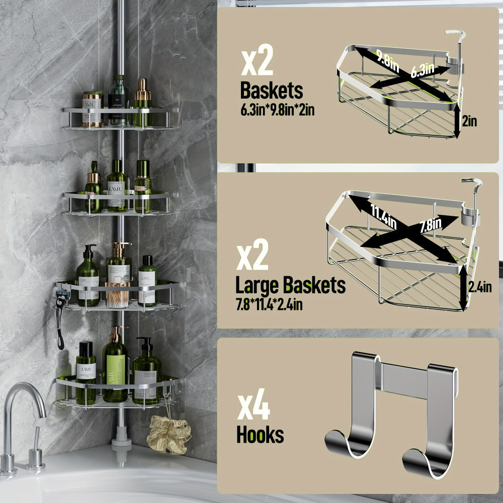 Corner Shower Caddy Tension Pole No Drilling Shower Organizer Shelf with Hooks for Bathroom Bathtub Shampoo Soap Storage Adjustable Height Rustproof