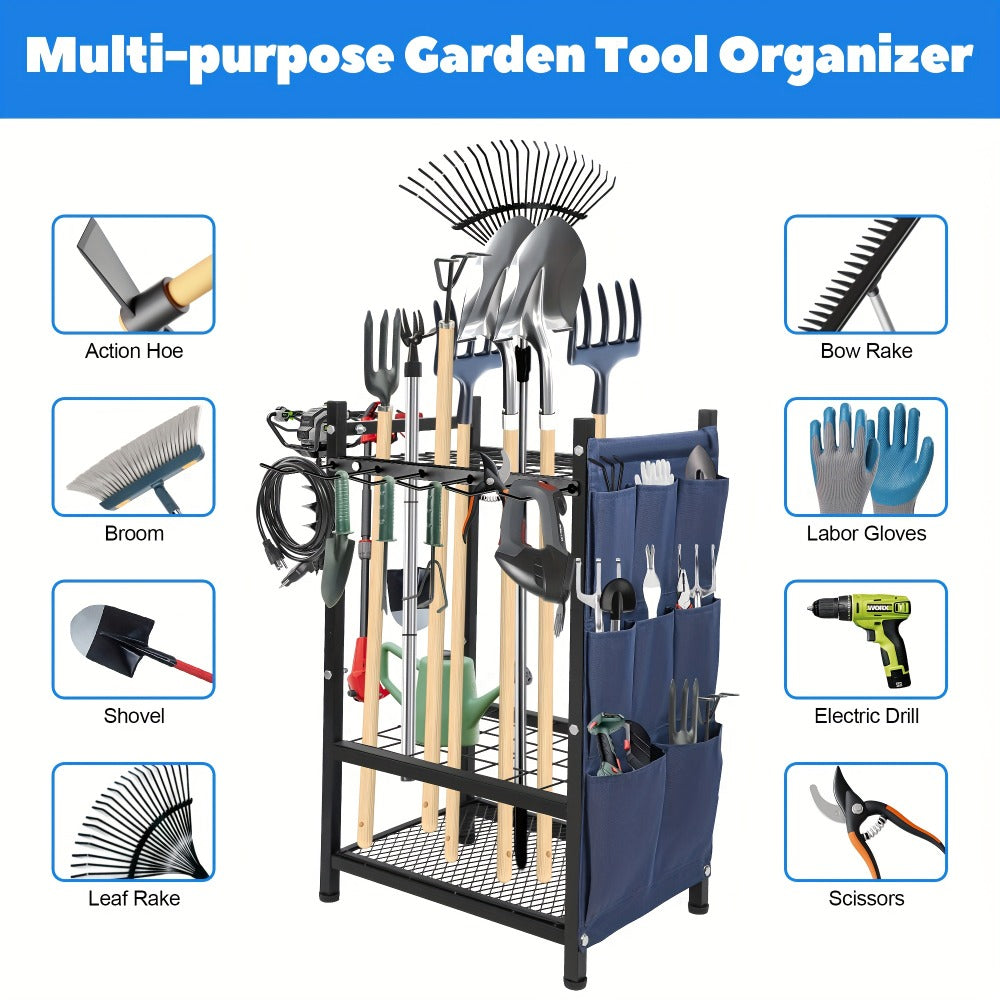 Tool Storage Rack with Storage Bag ¨C Metal Yard Tool Organizer for Garage Holds 35 Long-Handled Tools, Broom, Shovel, Rake Stand Holder, Heavy Duty Freestanding Garden Tool Rack for Outdoor & Yard, Black