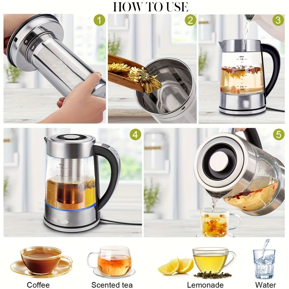 Electric Glass Kettle 1.8L 12 Temperature Controls 24-Hour Keep Warm BPA-Free Borosilicate Glass Stainless Steel Tea Infuser Filter for Coffee Tea Powdered Milk