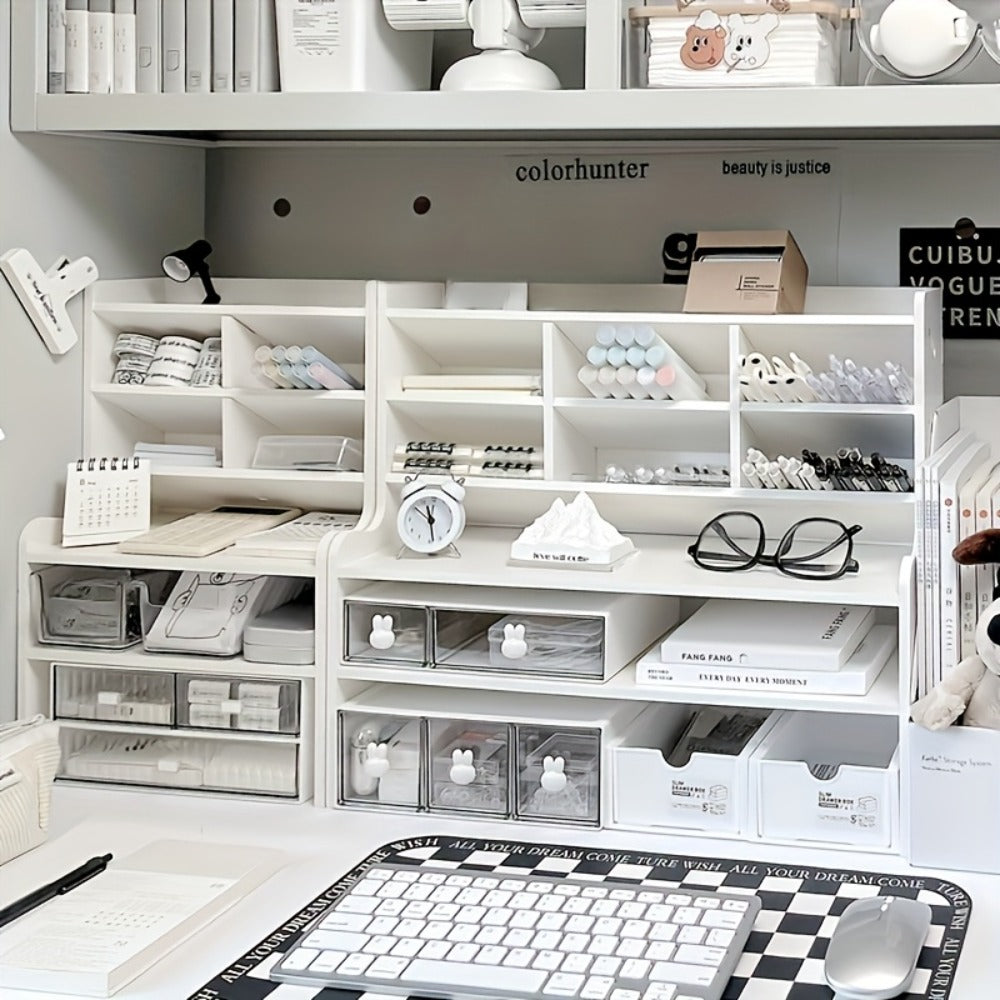 6-Layer Desktop Storage Rack Desk Organizer with File Holder Pen Holder Space-Saving Office Organizer Matte White PVC Stationery Cosmetics Dormitory Bookshelf Partition Box Multiple Sizes