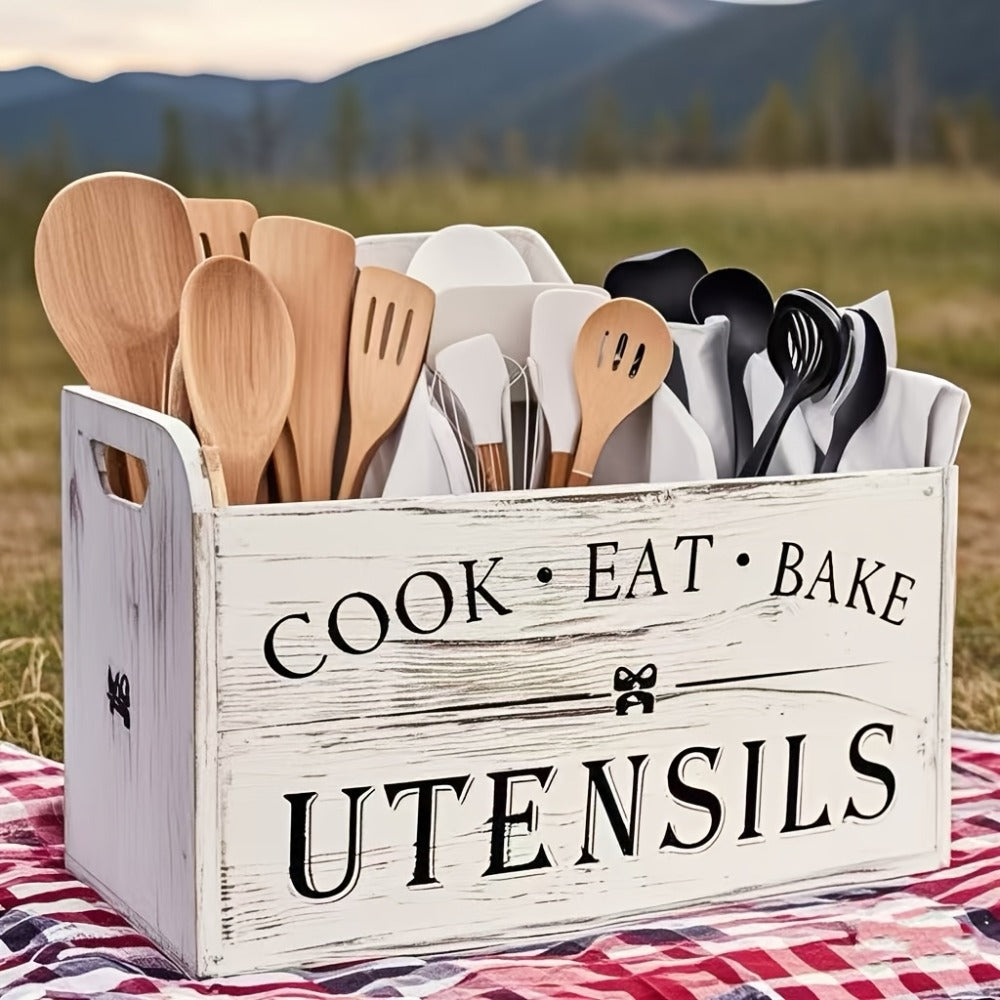 Wooden Kitchen Utensil Holder 3 Compartment Countertop Organizer, Rustic Wood Kitchen Tool Storage Box Wall Mounted or Countertop, Country Style Kitchen Accessories for Cook Bake Eat Tools