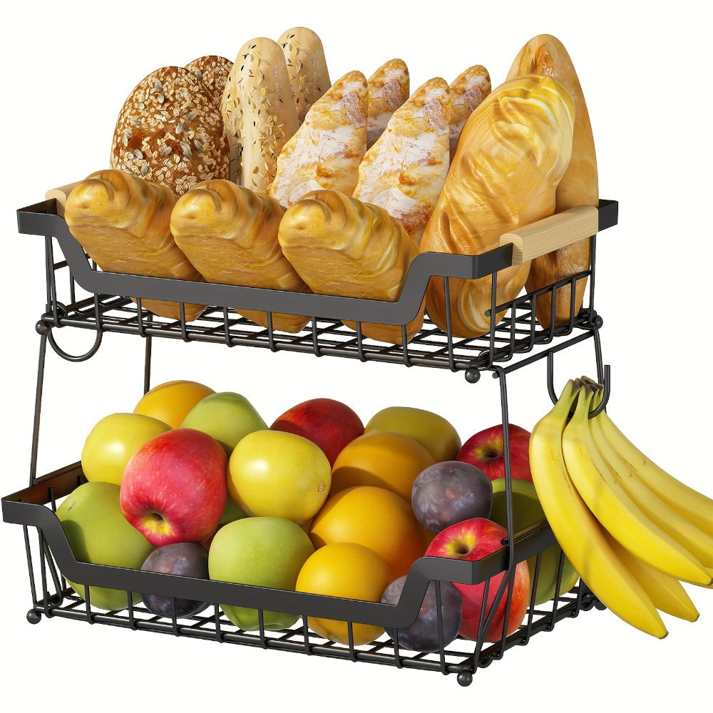 Fruit Basket with Banana Hanger, 2-3 Tier Metal Countertop Organizer with Wooden Handle ¡ª Detachable Kitchen Storage Stand for Fruits, Vegetables & Bread | Large Capacity | Black