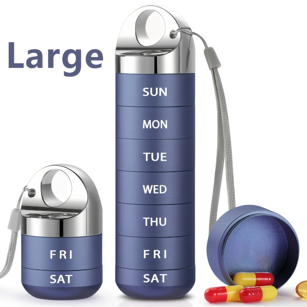 Weekly Pill Organizer Waterproof, Large Aluminum Alloy 7-Day Pill Box for Medications Vitamins Supplements, Portable Travel Pill Case, Blue Black Pink Gray Purple