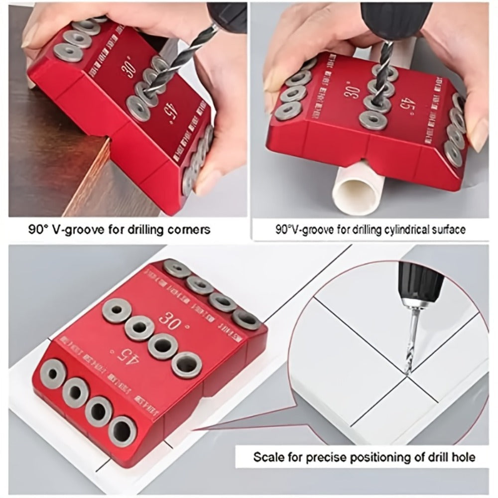 Multi-Angle Drill Guide Jig 30 45 90 Degree All-Metal for Cable Railing Lag Screw Installation Deck Stair Handrail Post Hole Drilling Precise Railing Setup Tool Red