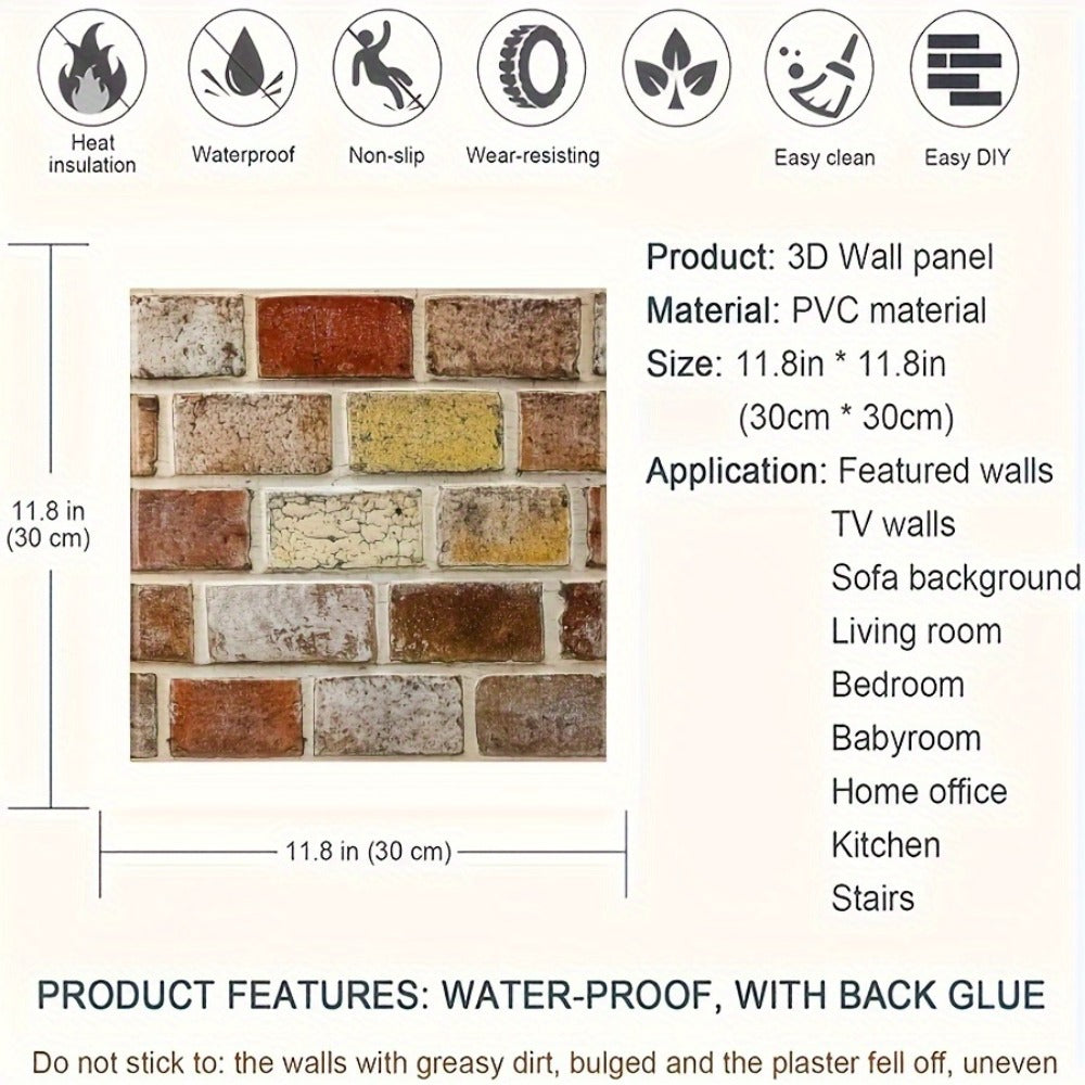Peel and Stick Tile Stickers 20pcs Vintage Brick Pattern Self-Adhesive Waterproof Wall Tiles for Kitchen Bathroom Toilet ¨C Removable Oil-Proof Backsplash Wall Art Decor