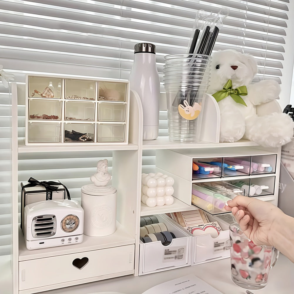 Desktop Organizer Double Layer Desk Shelf ¨C 2-Tier Storage Rack for Office Supplies, Stationery, Cosmetics | Space-Saving Bookshelf for Bedroom, Dorm, Home Office, Waterproof Wood-Plastic