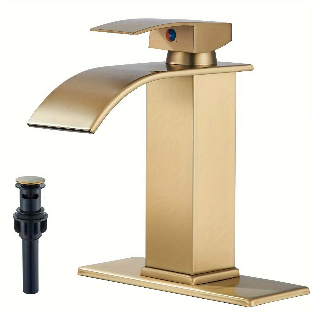 Waterfall Bathroom Faucet Single Handle - Modern Sink Faucet with Valve, Chrome & Matte Black & Brushed Nickel & Brushed Gold Finish, 1 or 3-Hole Deck Mount, G9/16 Threads, Water Supply Lines Included