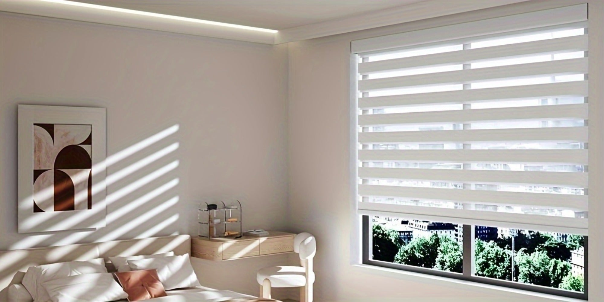 Cordless Zebra Roller Shade with Valance ¨C Day Night Window Blind, Light Filtering Dual Layer Window Treatment Mesh Opaque Fabric