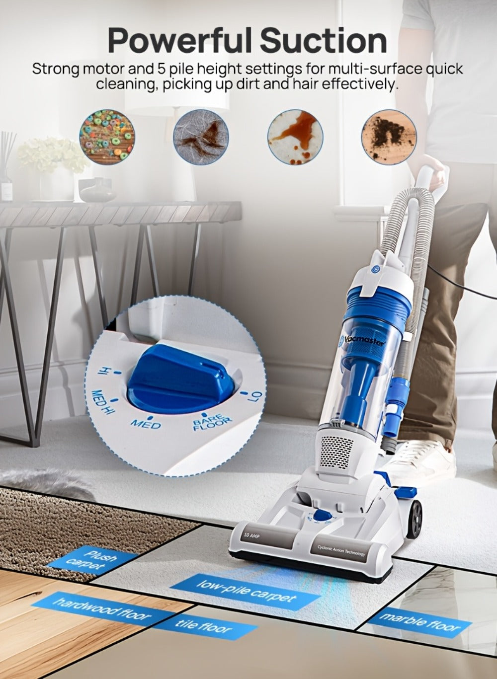Upright Bagless Vacuum Cleaner with 20ft Cord 13in Cleaning Path Powerful Suction for Carpet Hard Floor Pet Hair Home
