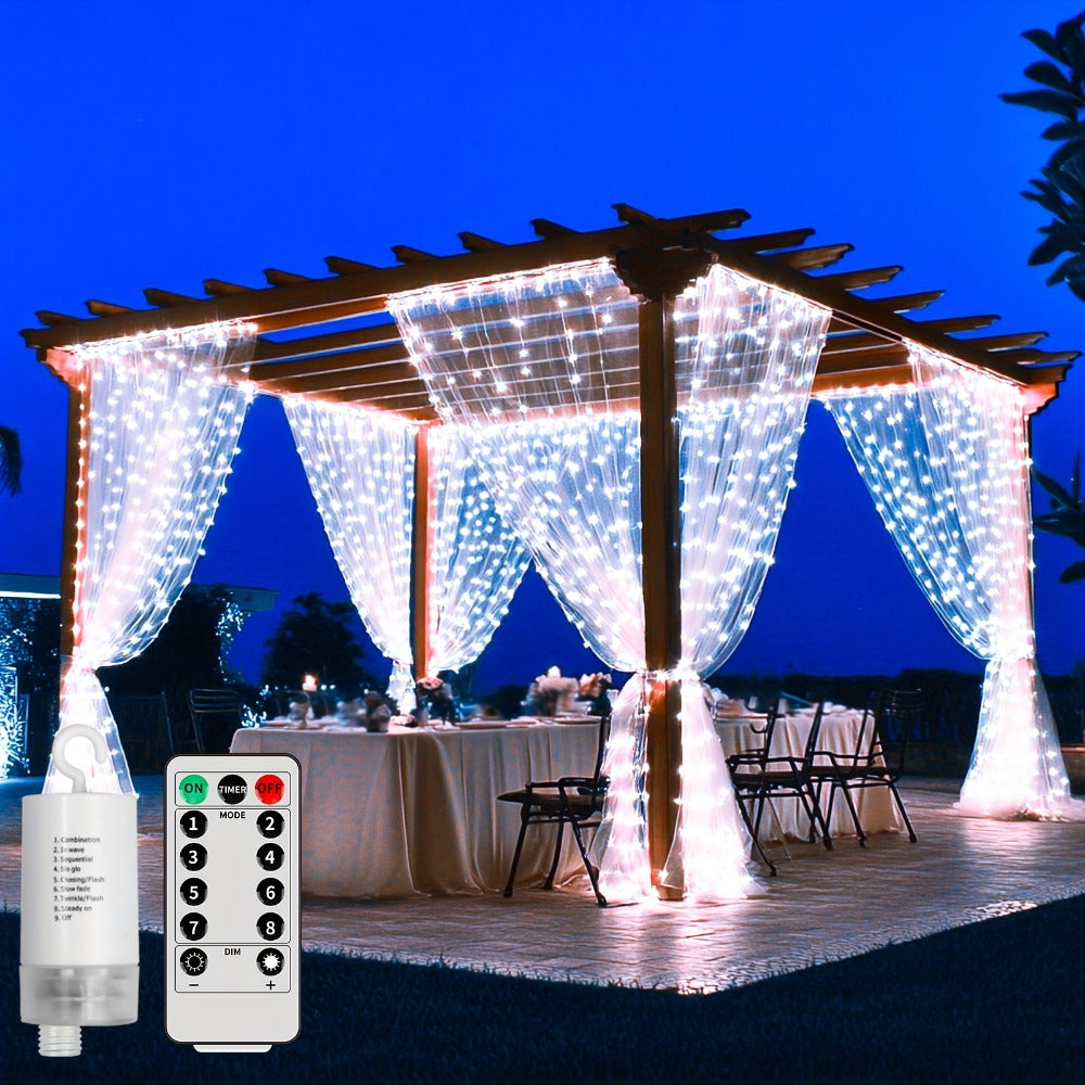 Curtain Lights for Gazebo Outdoor, 330 LED 10ft x 10ft Waterfall Fairy Lights Battery Operated with Remote, IP65 Waterproof Hanging String Lights with 8 Modes for Bedroom Porch Patio Wedding Decoration