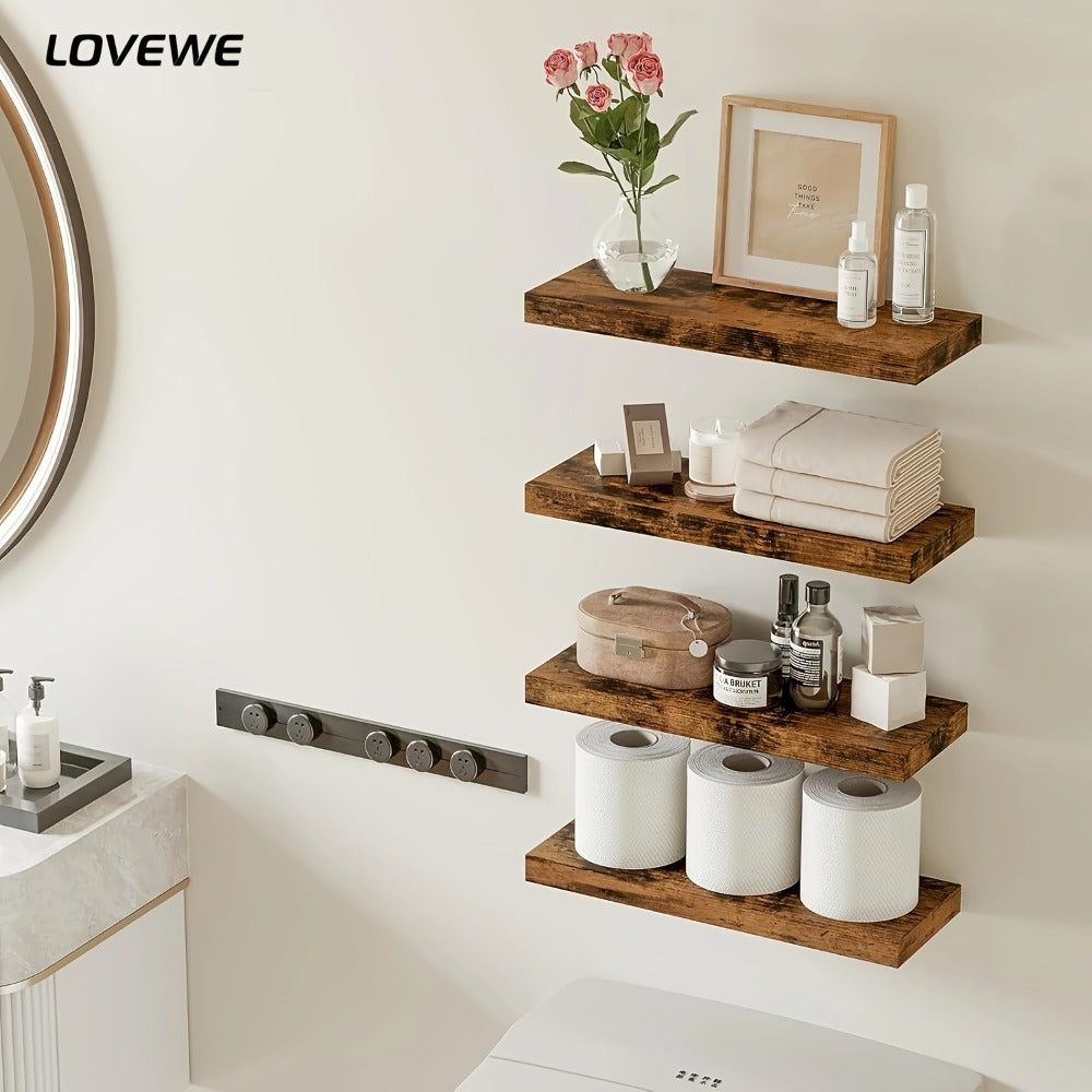Floating Shelves for Wall 4pcs 15.8in ¨C Wall Mounted Shelf with Invisible Bracket for Bathroom, Living Room, Bedroom, Kitchen, Office Decor | Brown, White, Black