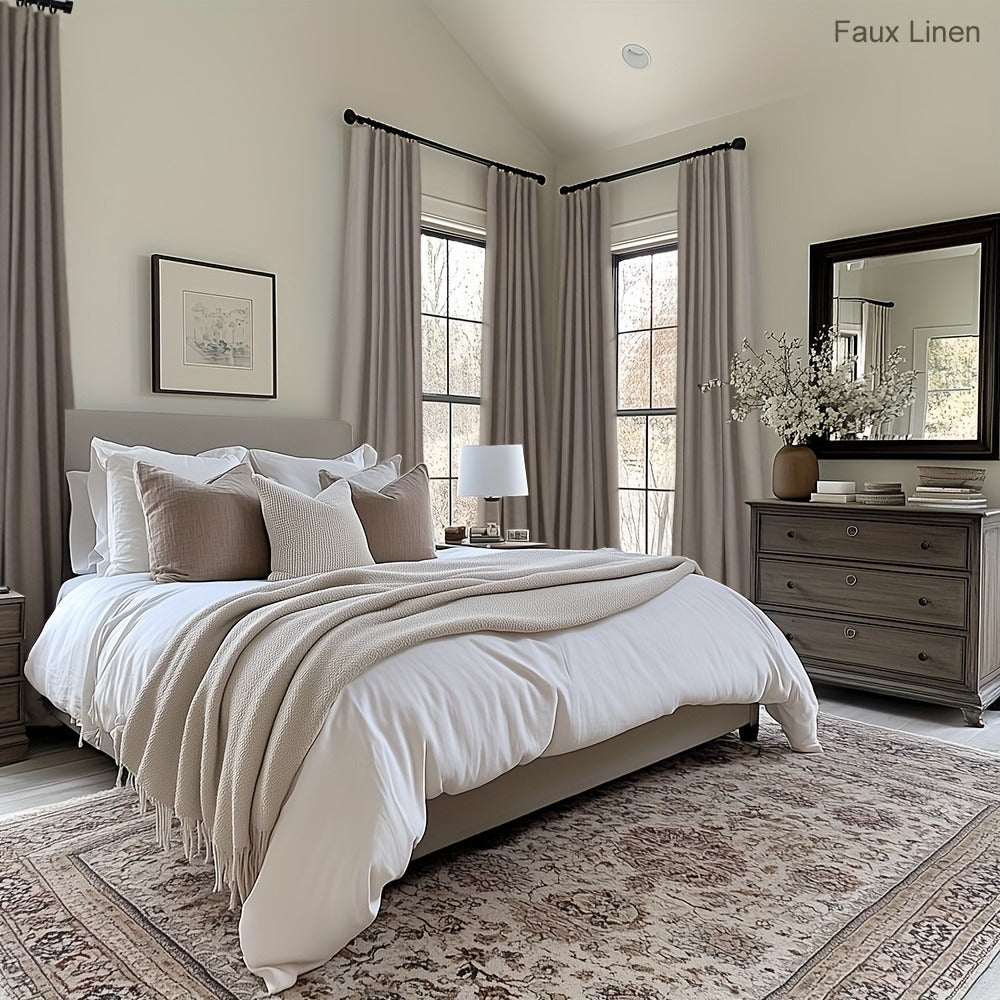 100% Blackout Curtains 4 Panels Faux Linen Textured Thermal Insulated Drapes - Room Darkening Window Curtains for Living Room Bedroom, Clip Rings & Rod Pocket, Energy Efficient Home Decor 50W x 84-120L