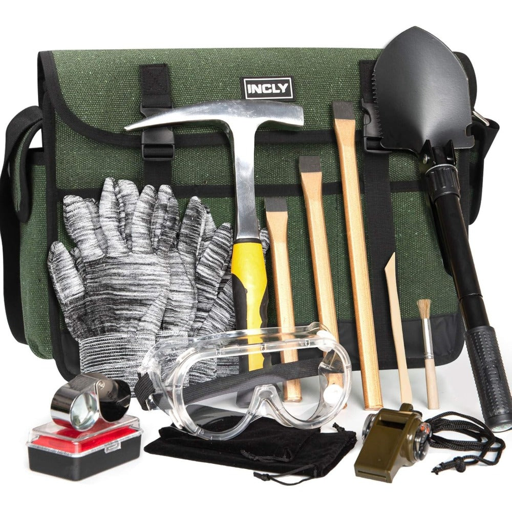 Geology Rock Pick Hammer Kit 15-Piece ¨C 32oz Rock Hammer, 3 Digging Chisels, Shovel, Compass, Whistle & Musette Bag for Rock Hounding, Fossil Hunting & Gold Prospecting