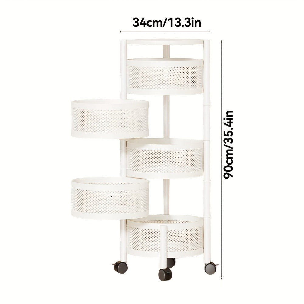 Rotating Storage Rack Multi-Tier Rolling Cart ¨C 360¡ã Swivel Round Floor Standing Organizer with 4 or 5 Layers, Vegetable Basket & File Rack for Kitchen, Bathroom, Office & Living Room (Black / White)