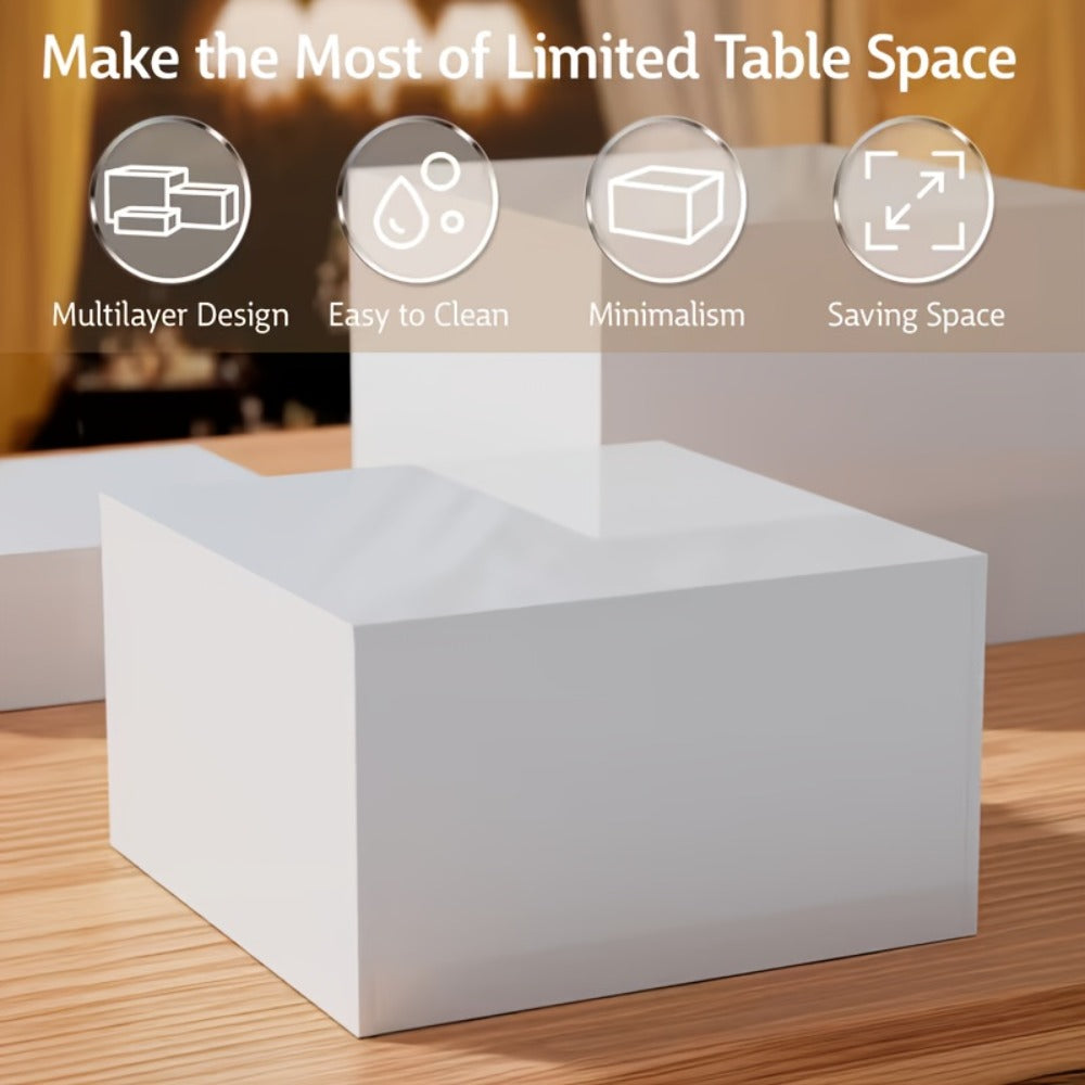 Display Stands 6pcs Five-Sided Square Buffet Risers - White Transparent Dessert Cake Display Storage Rack for Party Wedding Catering Retail Boutique Gallery Home Decor