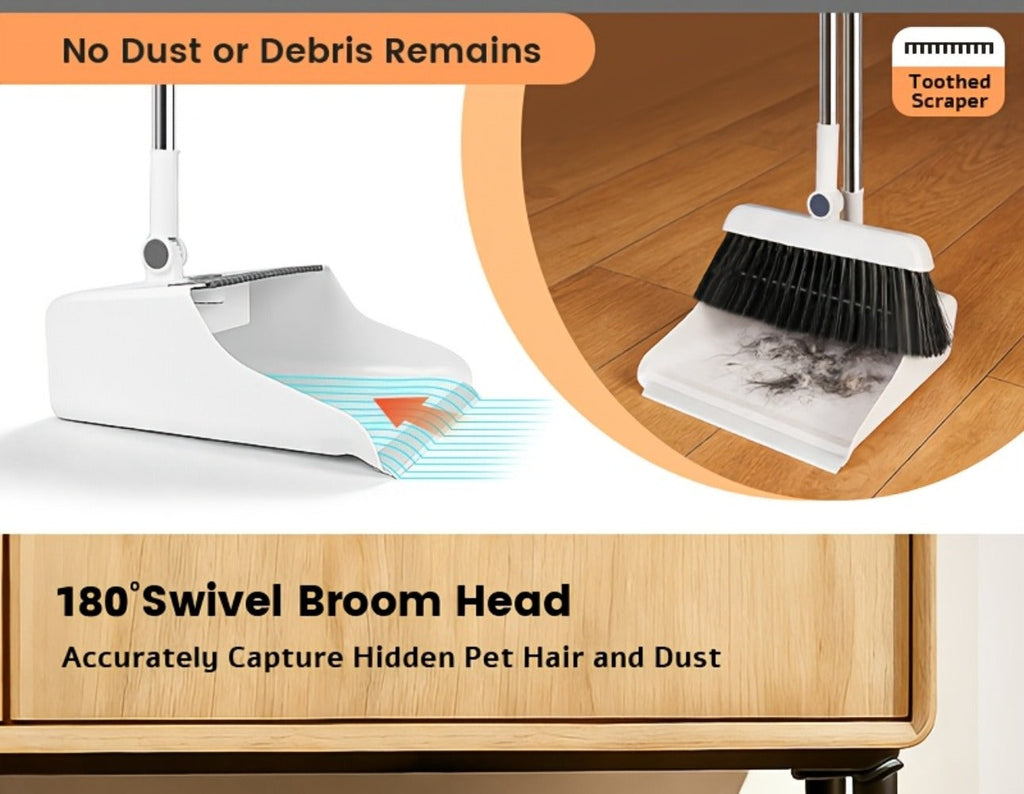 Broom and Dustpan Set 3-in-1 with Wiper - Non-Stick Hair Sweeper Household Floor Broom Combo for Indoor Outdoor Use - Ergonomic Handle Dustpan Broom Kit for Home Kitchen Office - White Pink Gray
