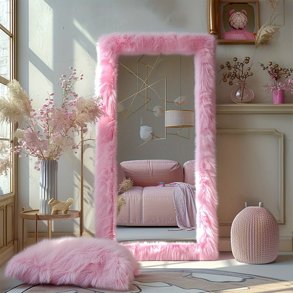 Full Length Mirror with Faux Fur Frame 24x63 Inch Leaning Floor Mirror for Bedroom Living Room Hallway Vanity Dressing Mirror Pink Gray White