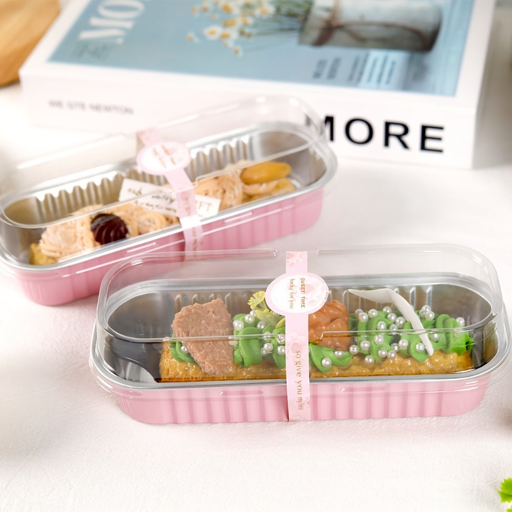 Mini Loaf Pans 60pcs Aluminum Foil Rectangular with Lids and Spoons 6.8oz Mini Cheesecake Containers Individual Portion Baking Pans for Desserts Gifts Pink