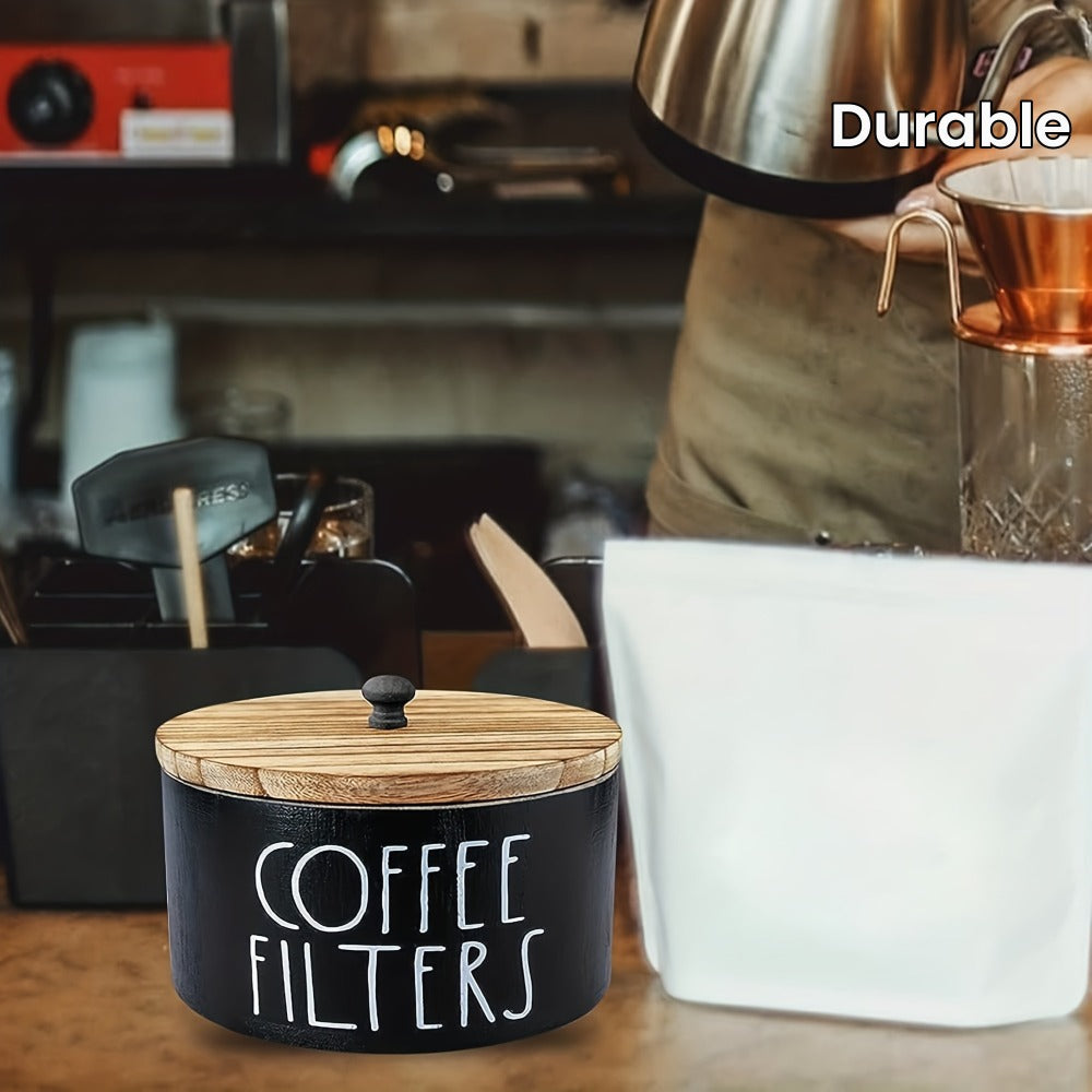 Coffee Filter Holder with Lid Rustic Wooden Storage Box for Coffee Filters and Accessories Farmhouse Style Countertop Organizer Dust-Proof Hardwood Container for Coffee Bar Kitchen Decor