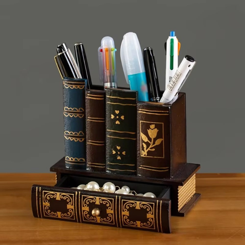 Wooden Pen Holder with Drawer Book-Shaped Desk Organizer, Vintage Retro Wood Desktop Storage Box with Hidden Drawer for Pens Pencils Remote Control, Decorative Office Home Study Room Gift