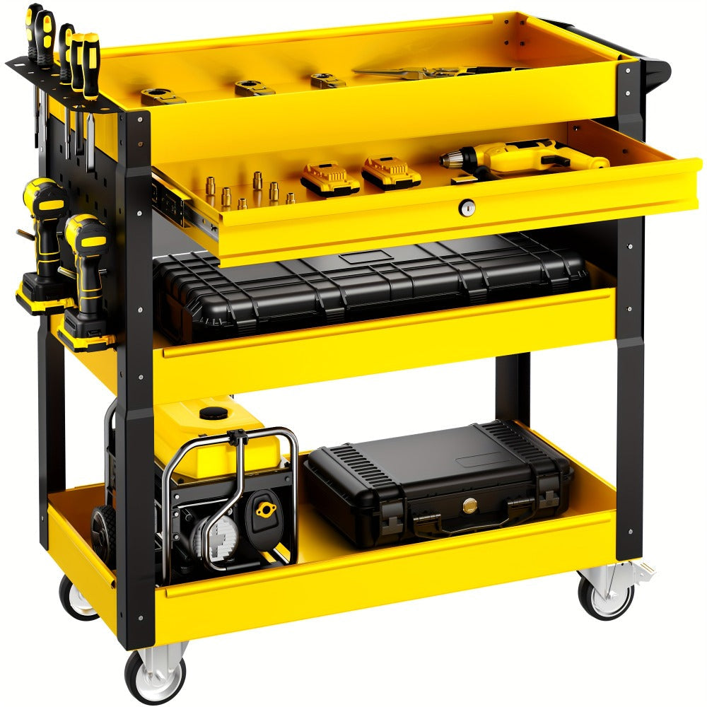 Rolling Tool Cart 3-Tier Heavy Duty 330 LBS Capacity Pegboard Organizer Locking Drawer 4 Swivel Casters for Garage Workshop Mechanics Black Yellow