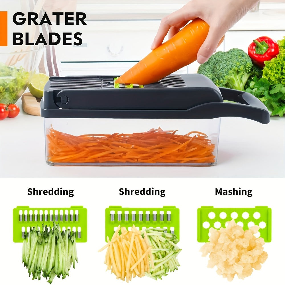 Vegetable Chopper 16-in-1 Multifunctional Food Chopper Slicer & Dicer ¨C Manual Kitchen Chopper with 8 Interchangeable Blades & Container for Fruits, Vegetables & Onions ¨C 1-10L Capacity