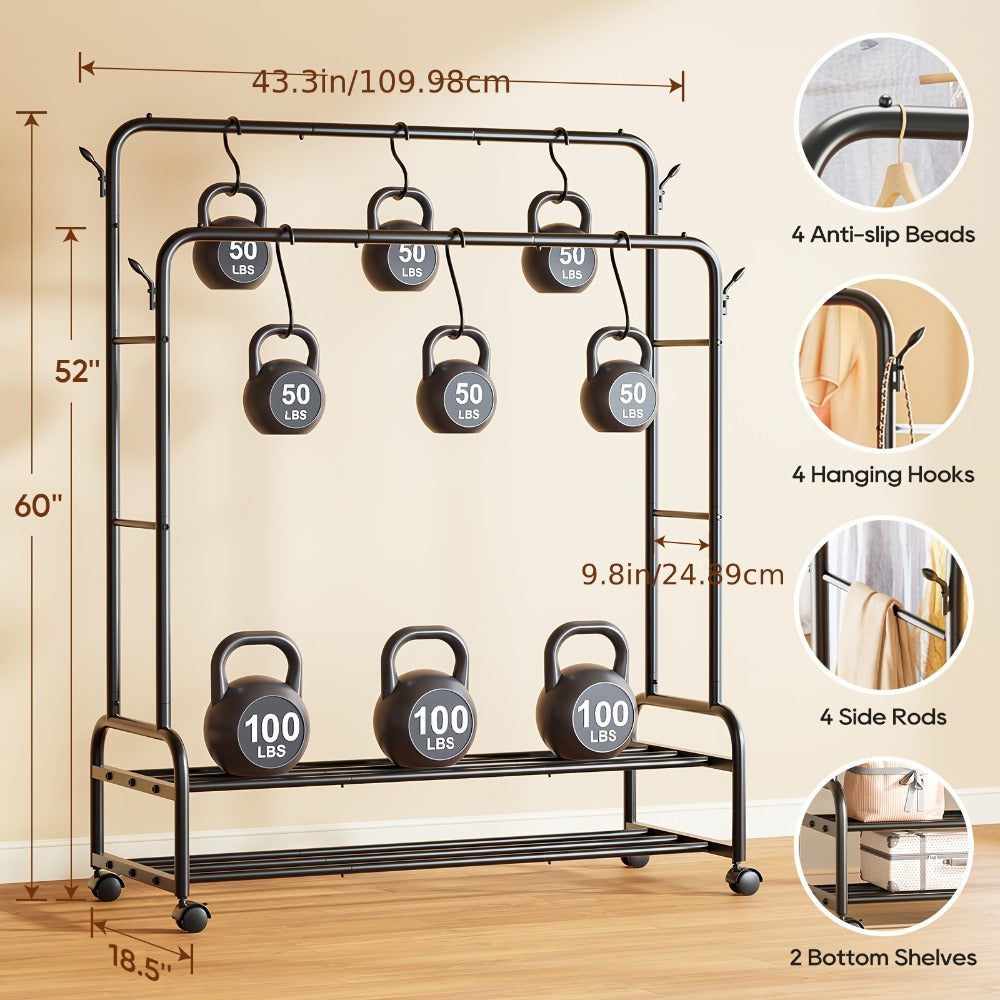 Double Rod Clothes Rack with Wheels Metal Heavy Duty Garment Rack with Shelves and Hooks Portable Closet Organizer for Bedroom Living Room Gold
