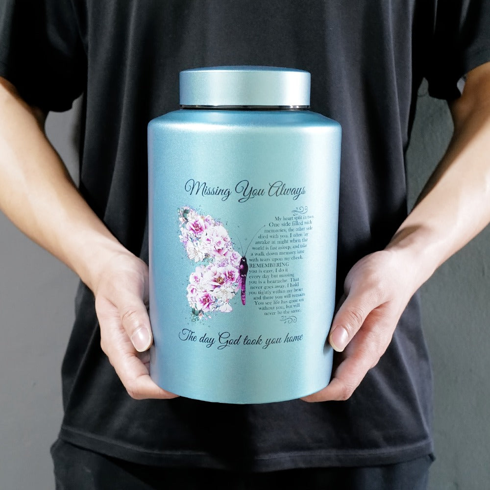 Cremation Urns for Human Ashes Large ¨C Stainless Steel Memorial Urn Holds 220 lbs, Decorative Butterfly Cardinal Fairy Design, Screw Lid & Seal Ring, Velvet Pouch Included, Adult Funeral Keepsake Urn