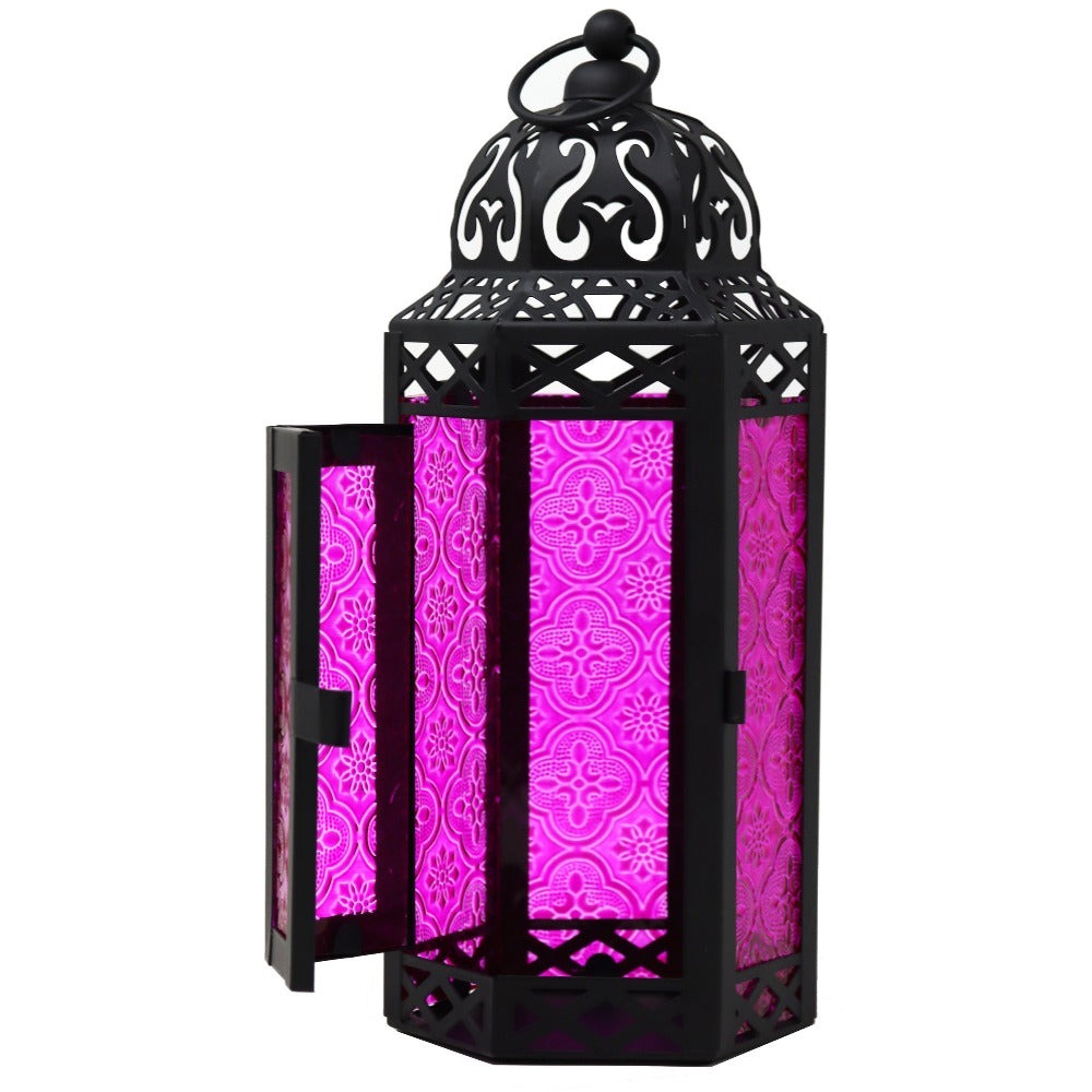 Moroccan Candle Lantern Holder - Decorative Metal & Glass Lantern with Embossed Floral Design for Indoor Home Decor, Garden, Patio, Weddings, Ramadan, Halloween & Holiday Celebrations - 10.5¡± Tall Medium Size