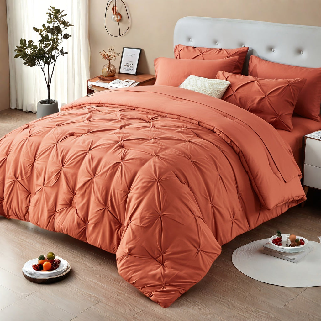 Comforter Set Luxurious Pleated 5/7pcs Bed in a Bag | Soft Plush Fiber Fill, Year-Round Warmth - Quilted Comforter, Flat & Fitted Sheet, Pillowcases & Shams, Complete Bedding Set Twin Full Queen King