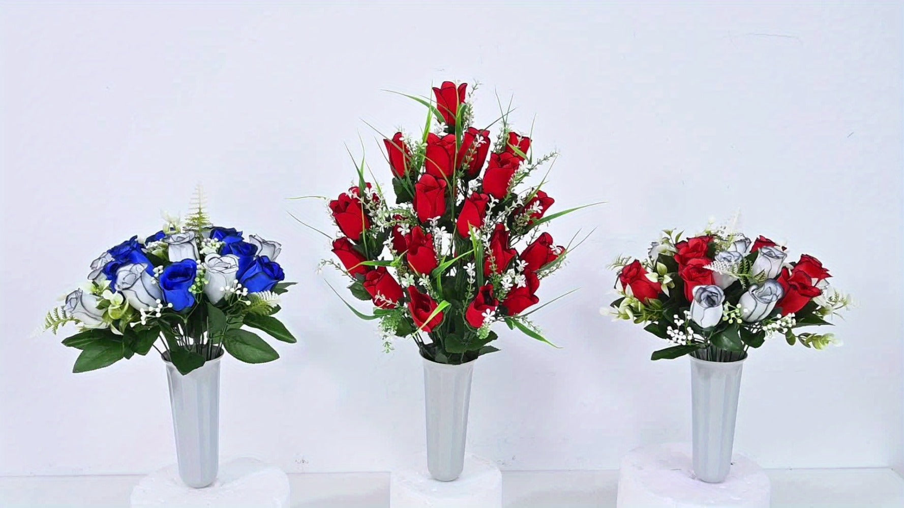 Artificial Cemetery Flowers for Grave with Saddle, Silk Rose Bouquet Headstone Decoration, Memorial Day Grave Flowers, Outdoor Grave Marker Floral Arrangement, 1/2/3 PCS