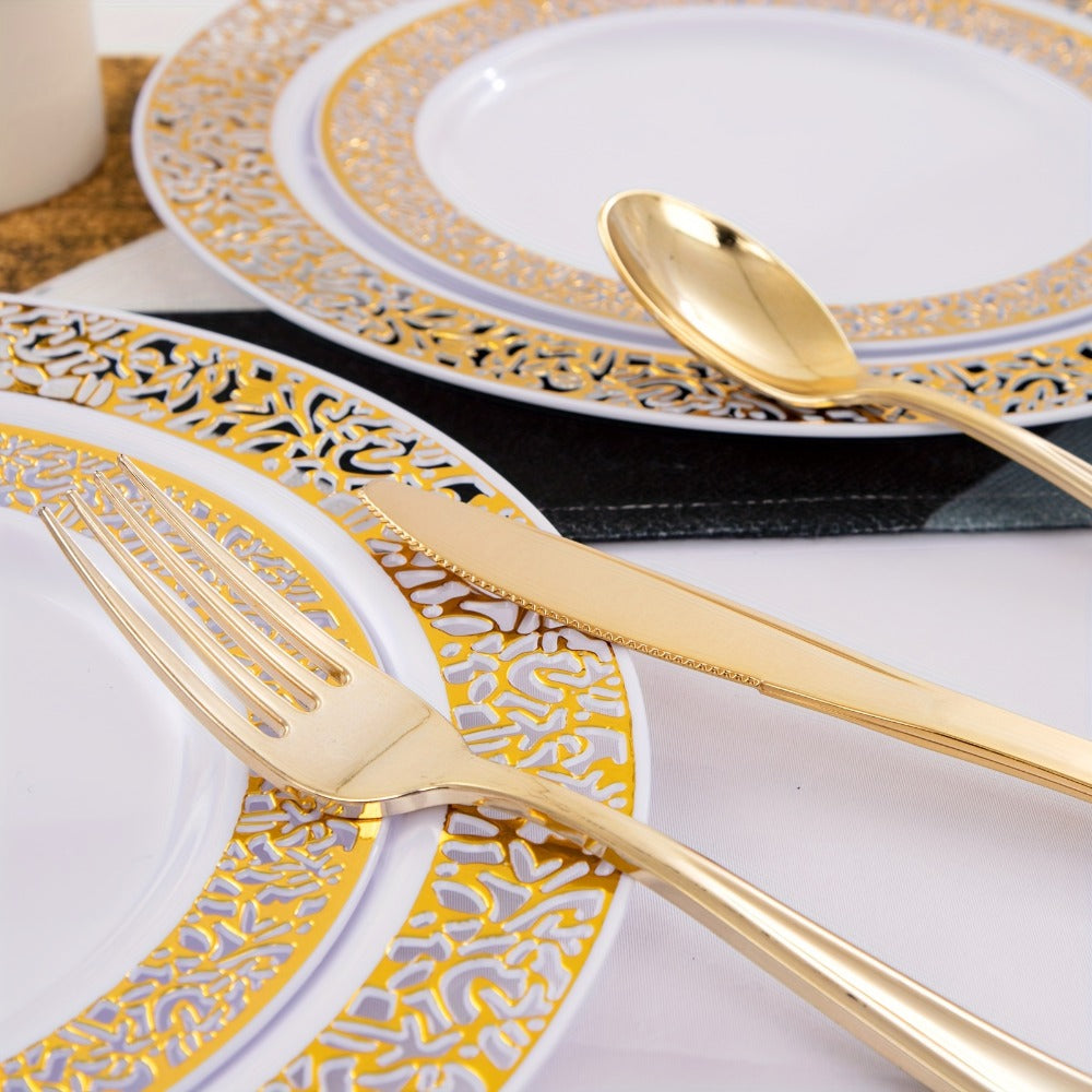 Gold Disposable Dinnerware Set for 50 Guests 350pcs ¨C Includes Dinner Plates, Dessert Plates, 9oz Cups with Gold Rim, Pre-Rolled Napkins & Gold Cutlery | Perfect for Wedding, Party & Holiday Celebration