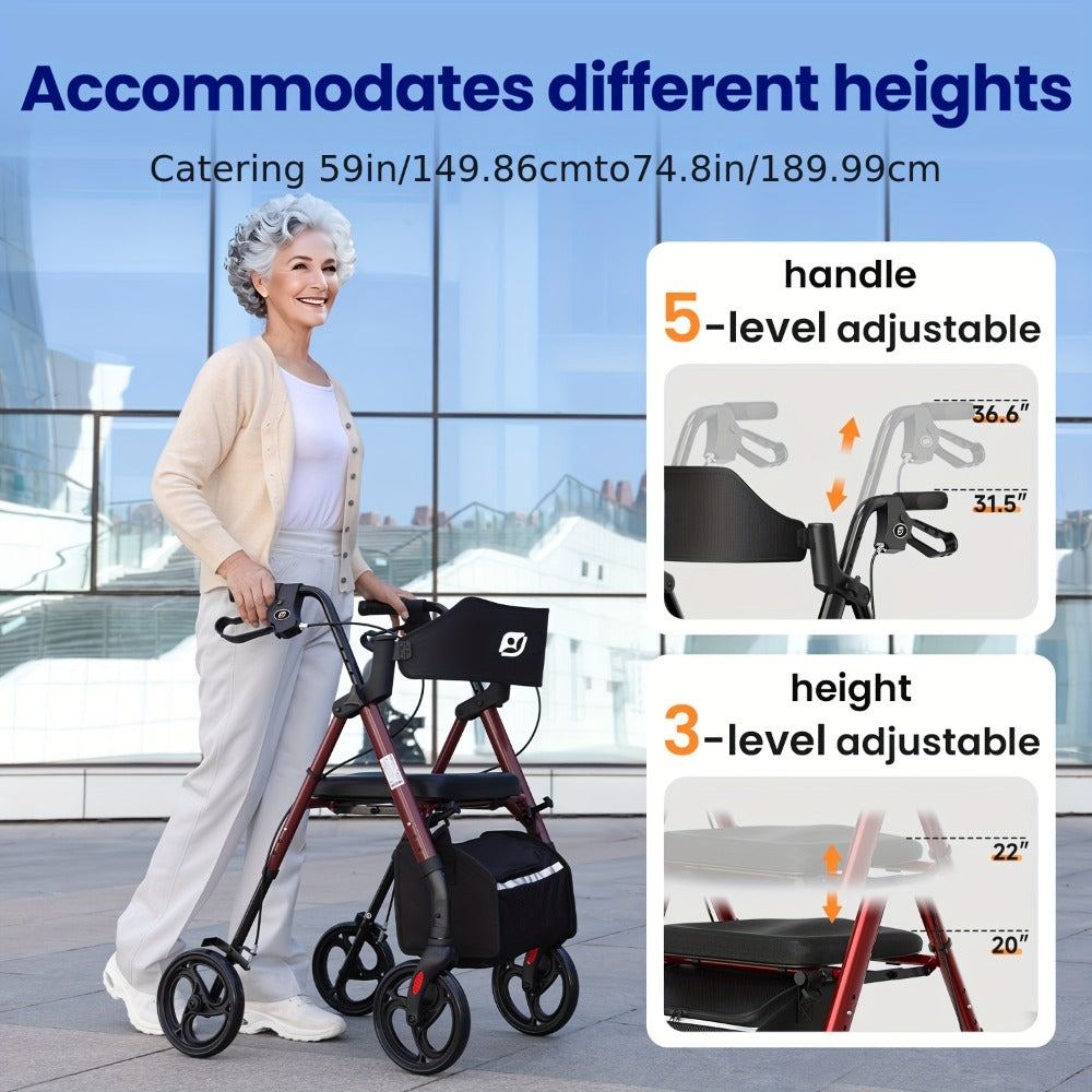 Rollator Walker for Seniors Foldable with 8-Inch Big Wheels, Durable Aluminum All-Terrain Rolling Walker with Ergonomic Backrest & Dual Adjustable Height, Upright Walker Option Available for Elderly