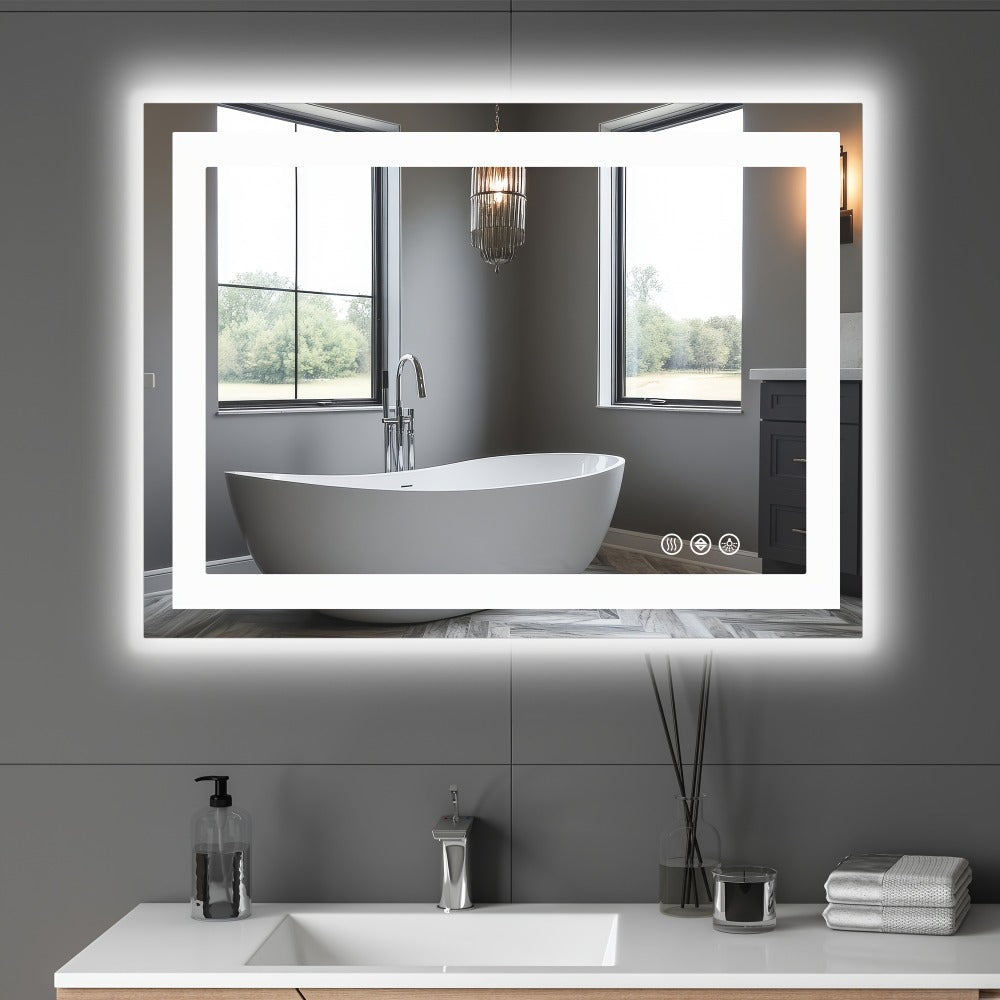 LED Bathroom Mirror with Anti-Fog ¨C Dimmable Vanity Mirror, 3 Color Lighting Modes, Dual Light Source, Wall Mounted Horizontal or Vertical, Tempered Glass, Multiple Sizes