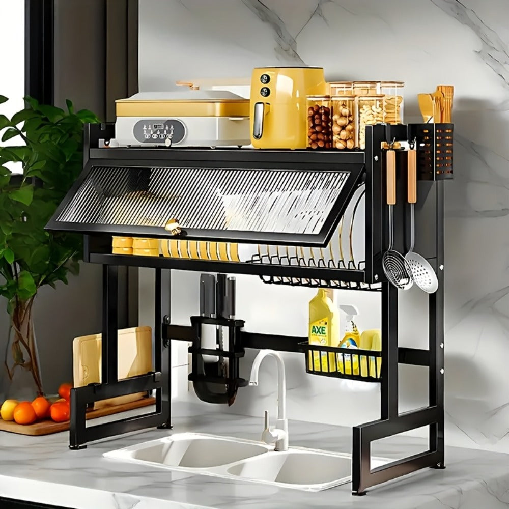 Dish Drying Rack Multi-Layer Kitchen Countertop Organizer - Dust-Free Drainer for Plates Bowls Utensils, Black Large Capacity Dish Rack