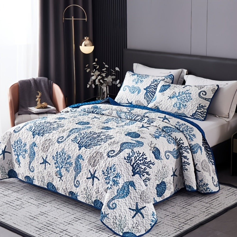 Duvet Cover Set 3 Piece Ocean Style Seahorse Coral Pattern Soft Breathable Microfiber Bedding Set with 2 Pillowcases Machine Washable All Season Comforter Cover for Bedroom Dorm Twin Full Queen King