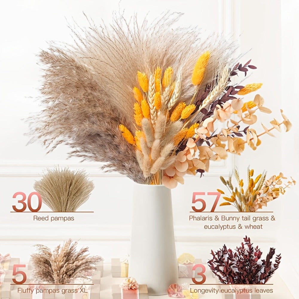 Boho Pampas Grass Dried Flower Arrangement ¨C Lavender Eucalyptus Bouquet with Gemstone Accents for Home Decor, Rustic Wedding Centerpiece & Bohemian Bedroom Vase Filler