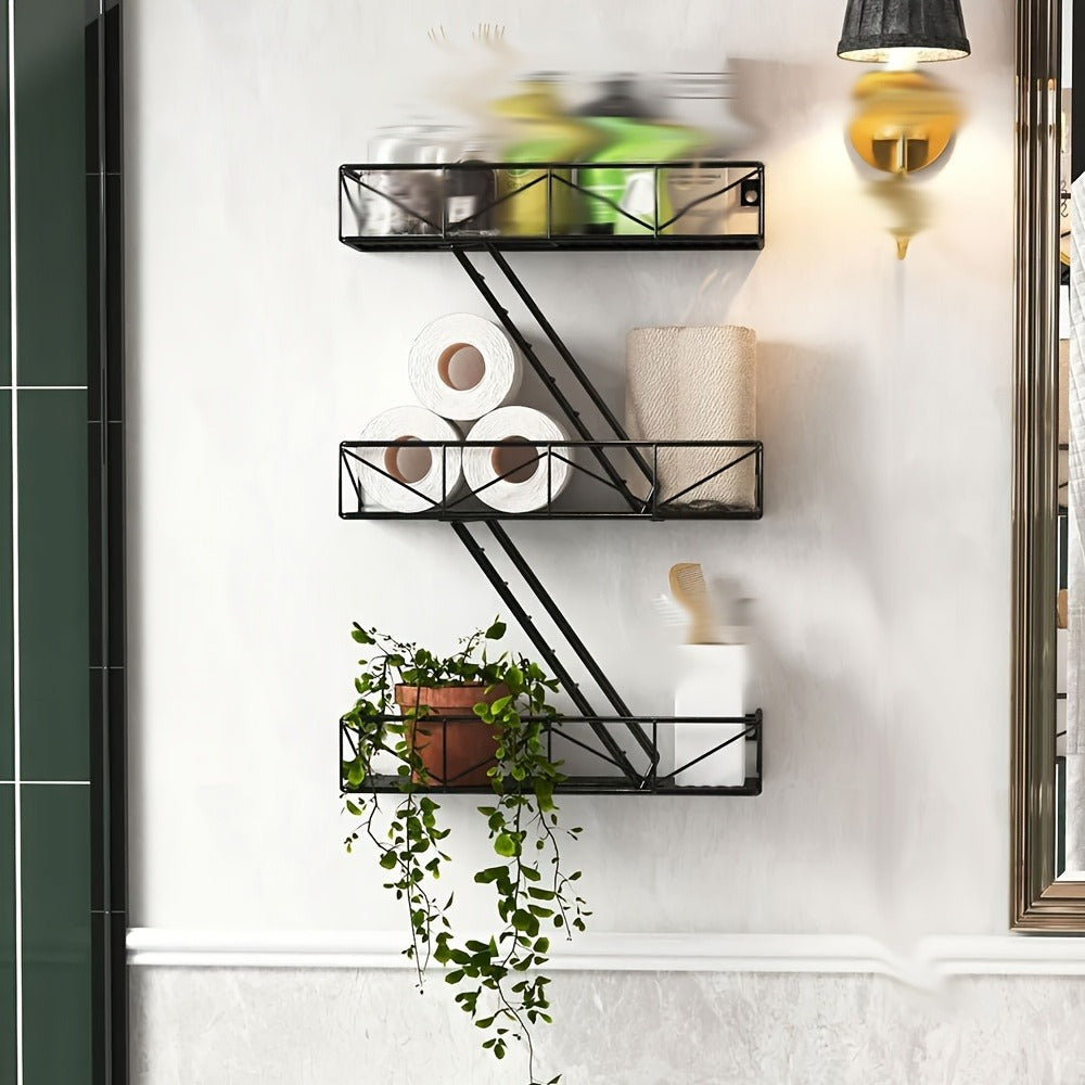 Wall Mounted Staircase Shelf with Hooks, Multi-Level Iron Storage Rack Floating Shelves for Bedroom Living Room Kitchen, Contemporary Metal Wall Organizer Home Decor Display