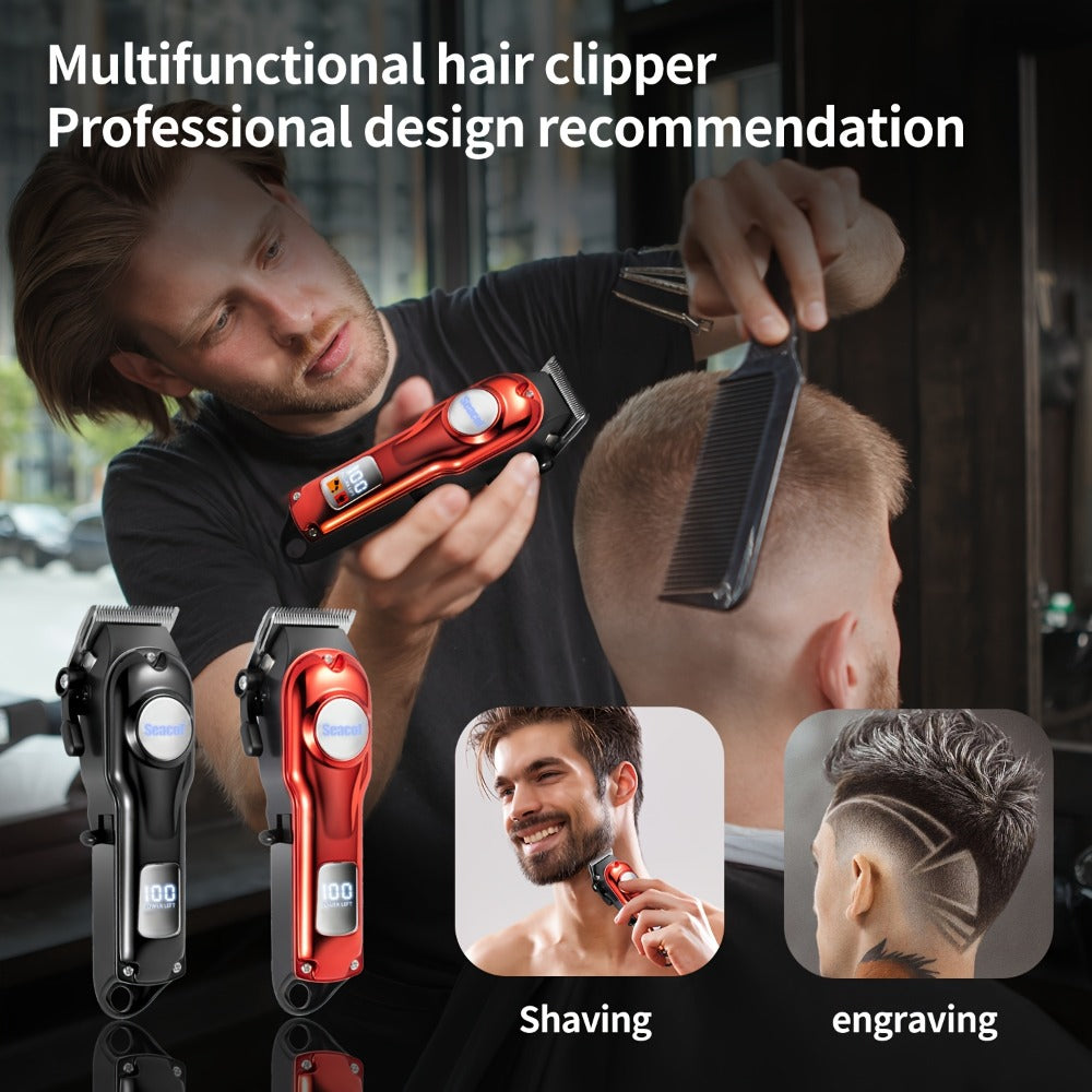 Men's Hair Clipper Set with T-Trimmer - USB Rechargeable Electric Hair Cutting Kit with LED Display, Cordless Grooming Combo for Beard Shaping, Fading & Detailing, Holiday Gift for Men, Red