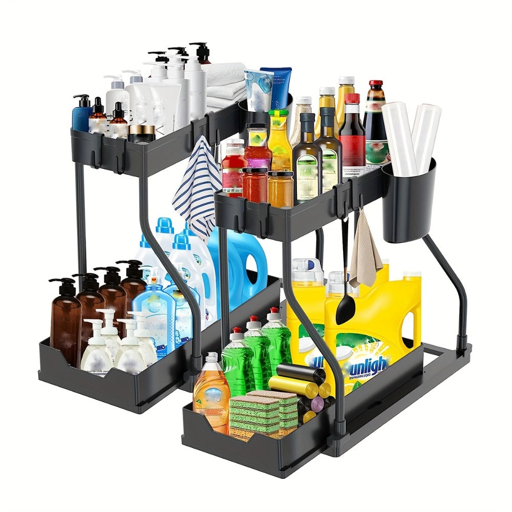 Under Sink Organizer 2pcs with Sliding Shelves ¨C Durable Pull-Out Cabinet Storage for Bathroom Kitchen Space Saving Vertical Design