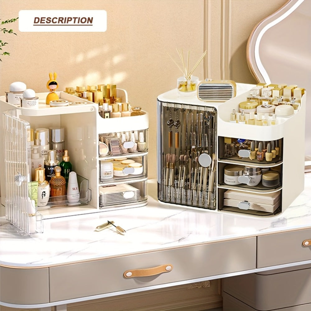 Makeup Organizer with 3 Drawers and Mirror - Large Capacity Cosmetic Storage Box Vanity Organizer for Skincare Contact Lens Display Case Bathroom Counter Organizer | Transparent Black Cream White