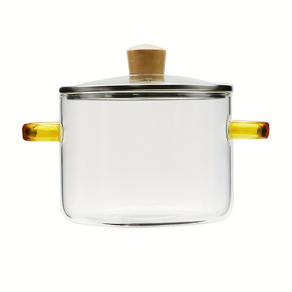 Glass Cooking Pot 54oz 1600ml Borosilicate Heat-Resistant with Lid ¨C Transparent Dumpling & Ramen Pot for Stove & Oven | Odorless Easy-Clean Soup Milk Pot with Green or Yellow Stainless Steel Handle