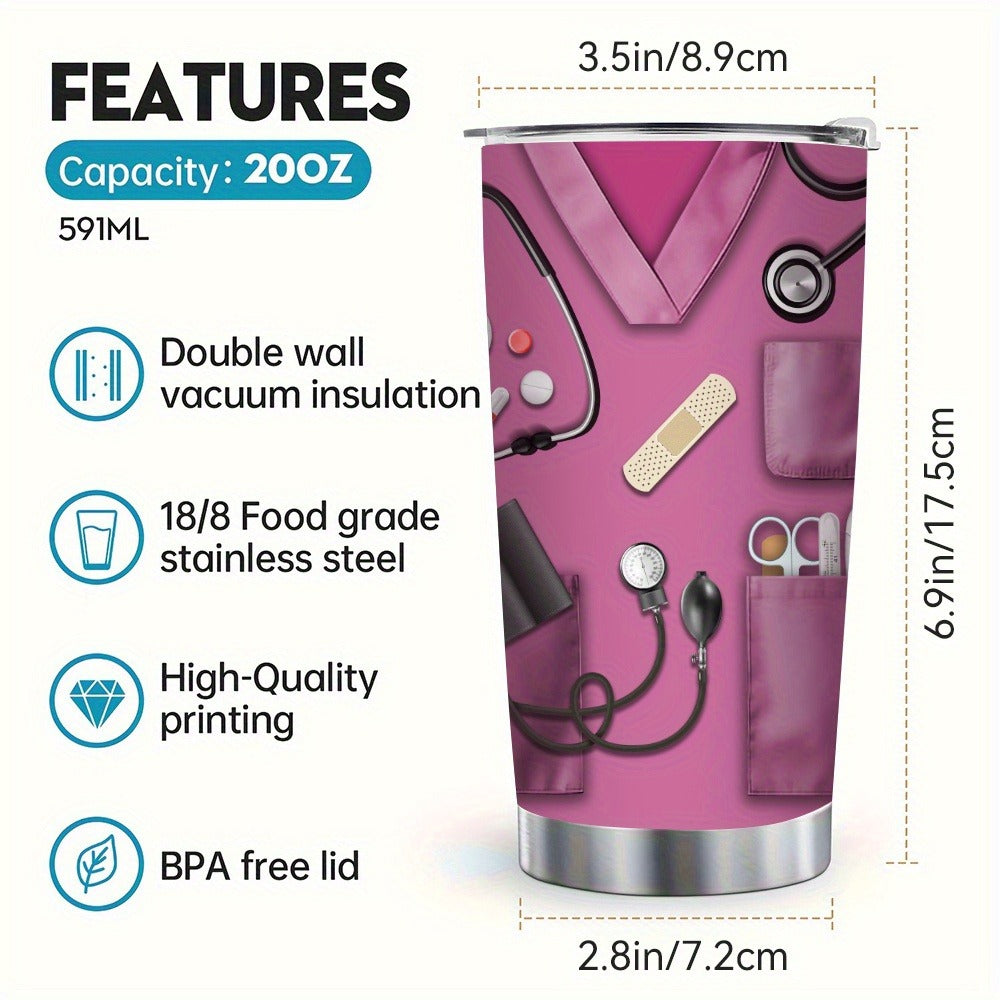 Nurse Tumbler 20oz Stainless Steel Insulated Cup with Lid and Straw - Medical Kit Design Travel Mug Nurse Gift Idea for Women Nurses Week Birthday | Rose Red Green Purple | Hot Cold Beverages