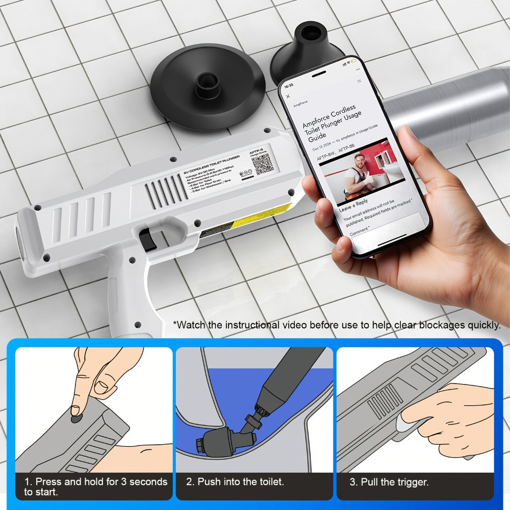 Electric Cordless Toilet Plunger 8V - High-Pressure Pneumatic Drain Opener with Real-Time Pressure Display, Professional Power Unclogger for Toilets Sinks Floor Drains, Mess-Free Reusable, White/Black